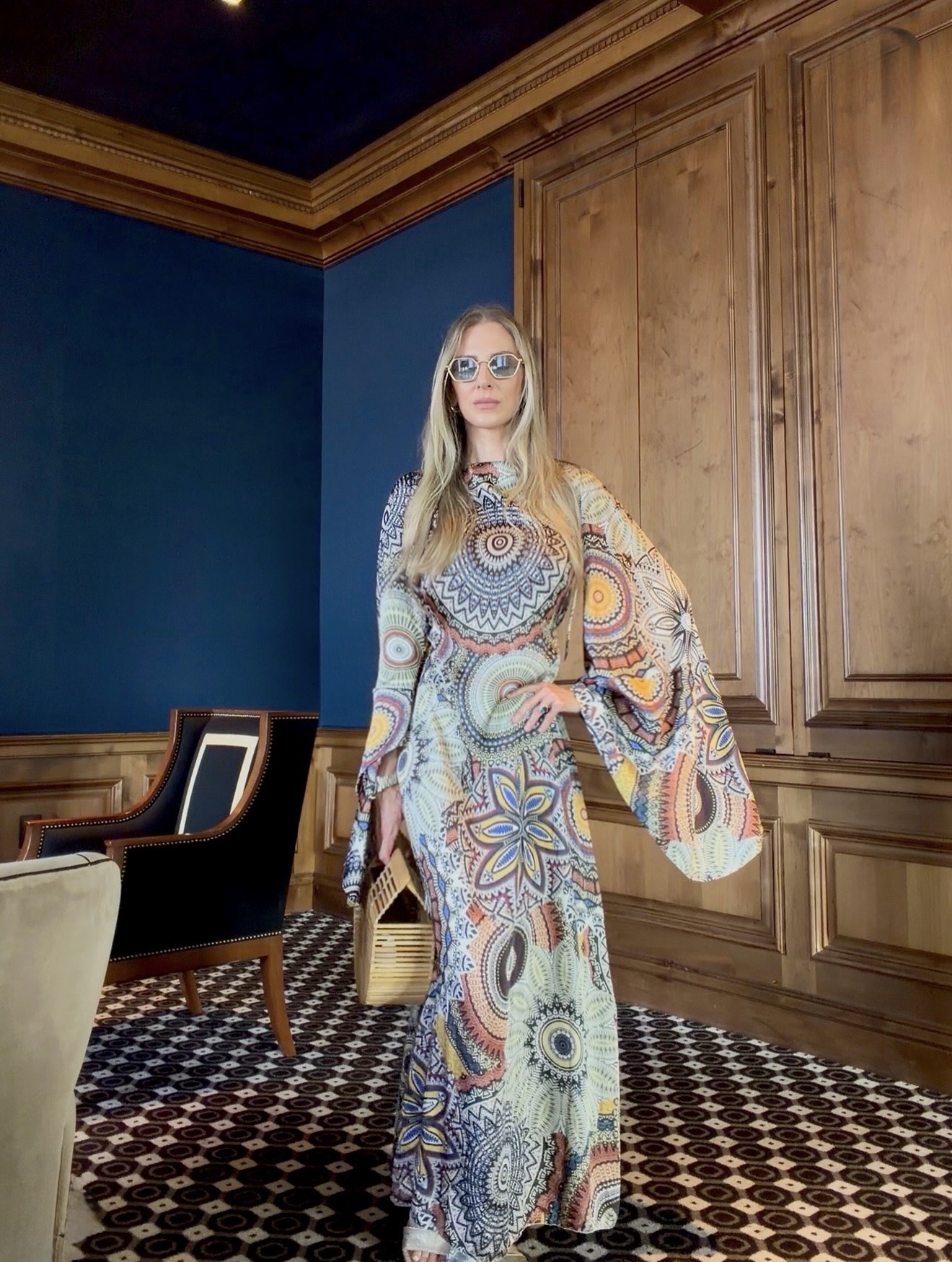 Crystal in a patterned editorial suit